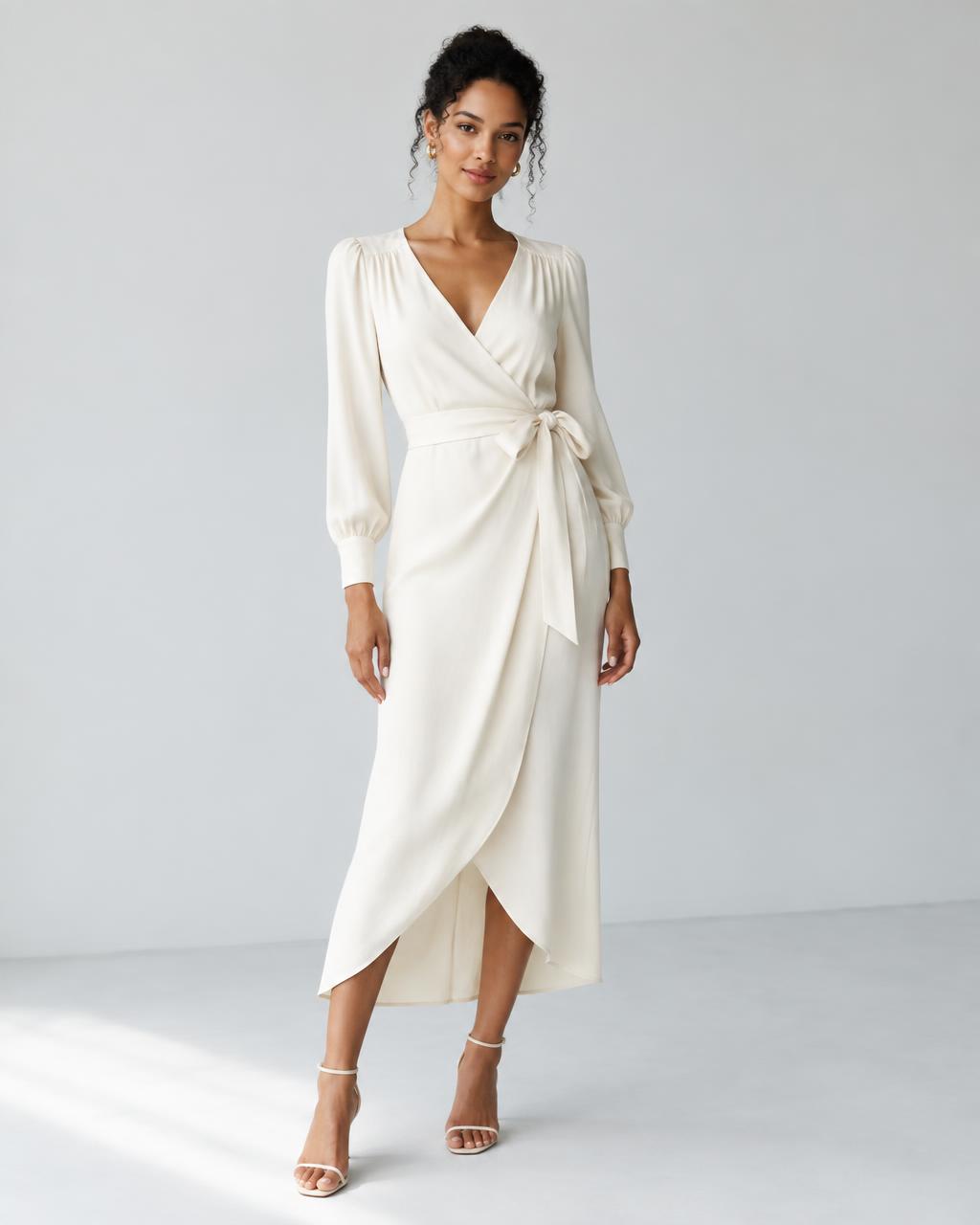 Woman wearing a cream wrap dress